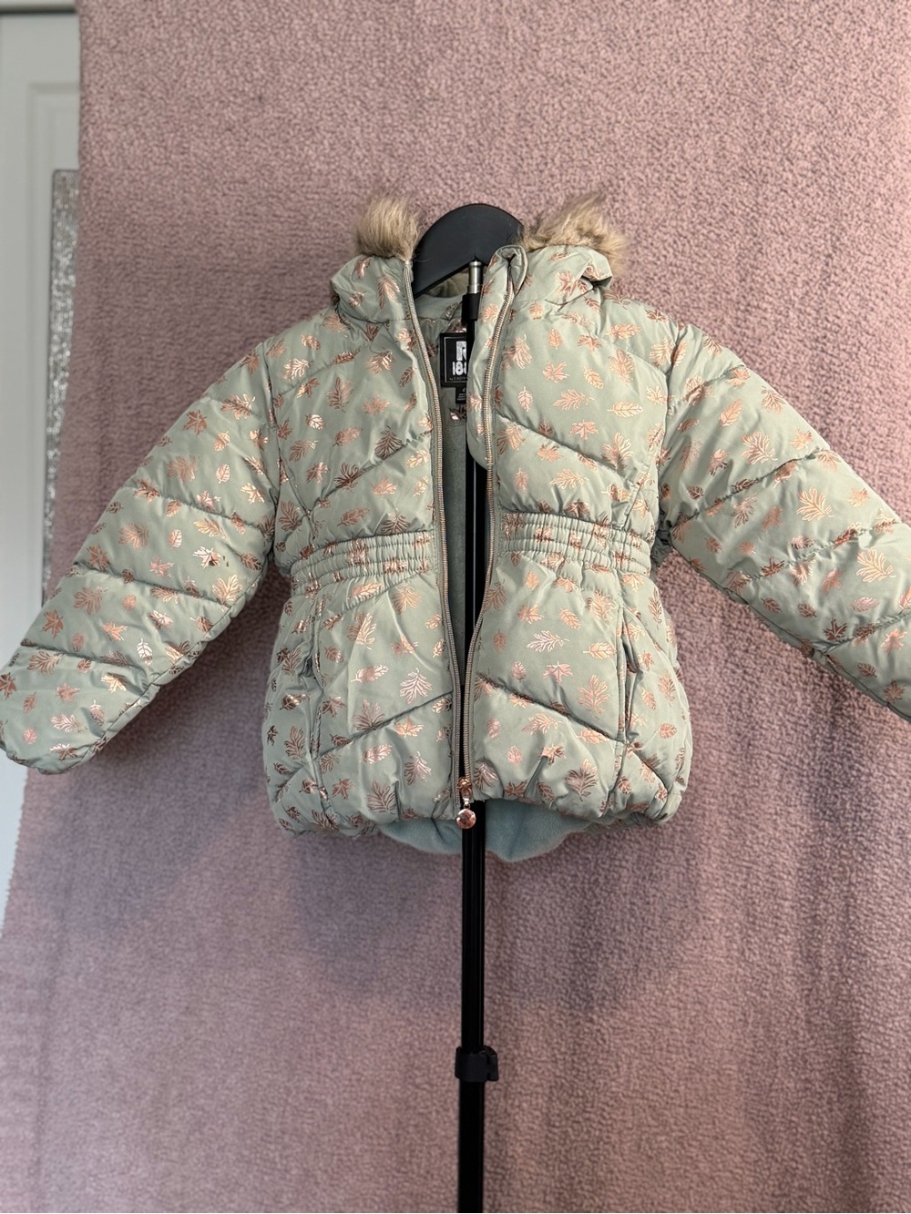 i88i S Rothschild Girls Puffer Coat 4T Faux Fur Hood Rose Gold Leaf